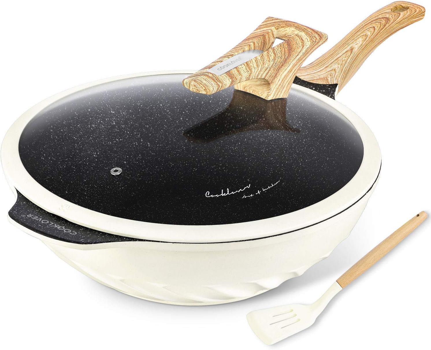 COOKLOVER Nonstick Woks And Stir Fry Pans Die-cast Aluminum Scratch Resistant 100% PFOA Free Induction Wok pan with Lid 12.6 Inch - Cream White