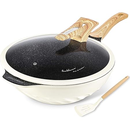 COOKLOVER Nonstick Woks And Stir Fry Pans Die-cast Aluminum Scratch Resistant 100% PFOA Free Induction Wok pan with Lid 12.6 Inch - Cream White