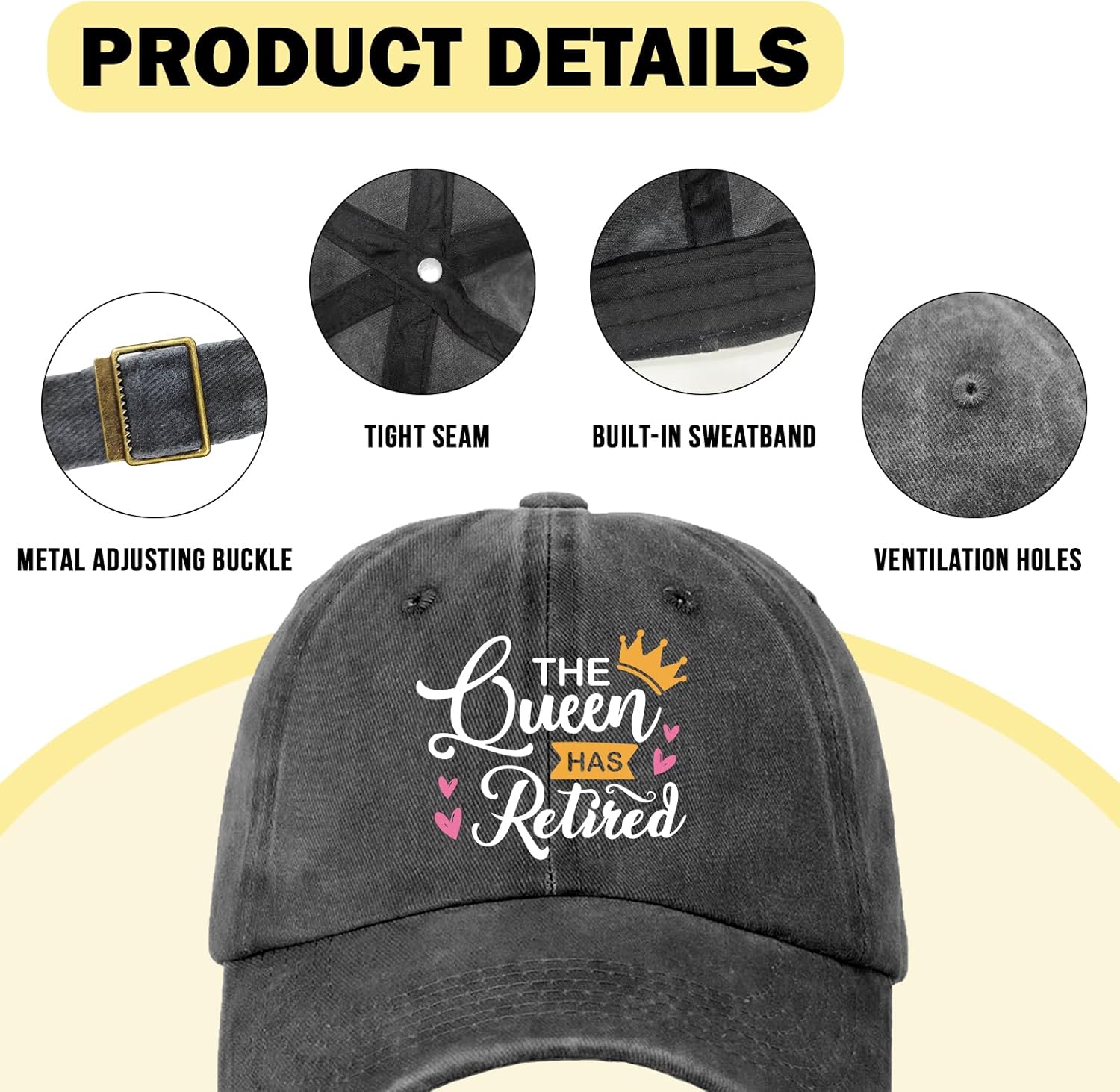Retirement Distressed Washed Black Baseball Caps The Queen Has Retired Printed Baseball Hats Classic Cotton Adjustable Baseball Hats for Women Great Retired Gifts for Mom Friend Boss Lady - Image 3