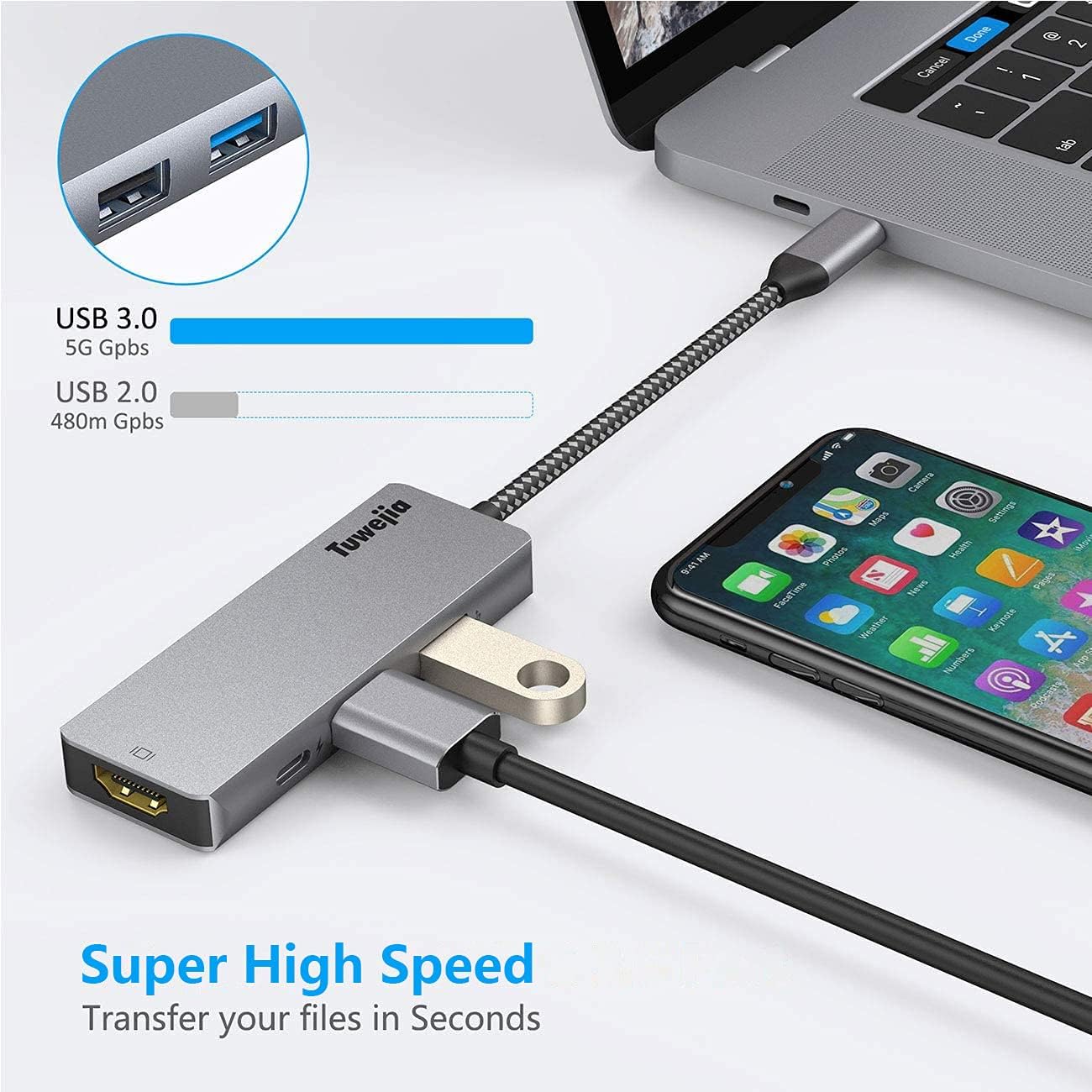 USB C Hub Adapter Tuwejia Type C 4in1 Hub HDMI Adapter 4K HDMI Multiport Connector 100W PD Charger 2 USB 3.0 Hub HDMI Video Output Compatible with MacBook Pro 2020/2019/2018 iMac XPS Nintendo Switch