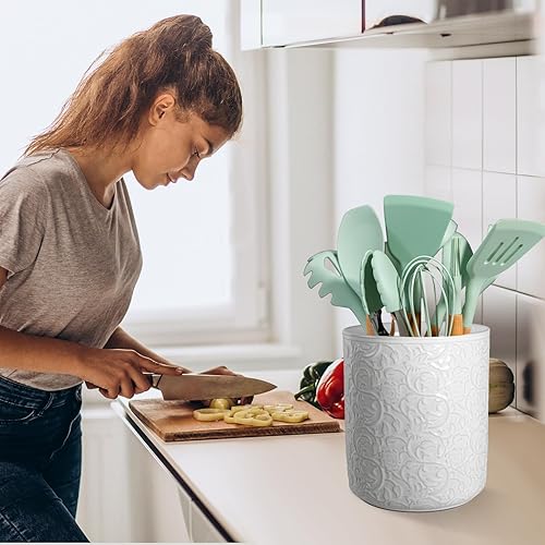 Miniatura 5 de MEIGUI Soporte de cerámica para utensilios de cocina, soporte grande para utensilios de cocina con parte inferior de corcho de protección para