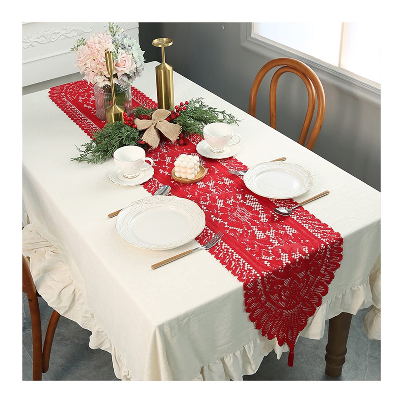 Runner/Tovaglia BaronHong 110x110 Cm Oro Con Ricamo Floreale Rosso E Trafori - Decorazione Romantica Per Matrimoni E Feste