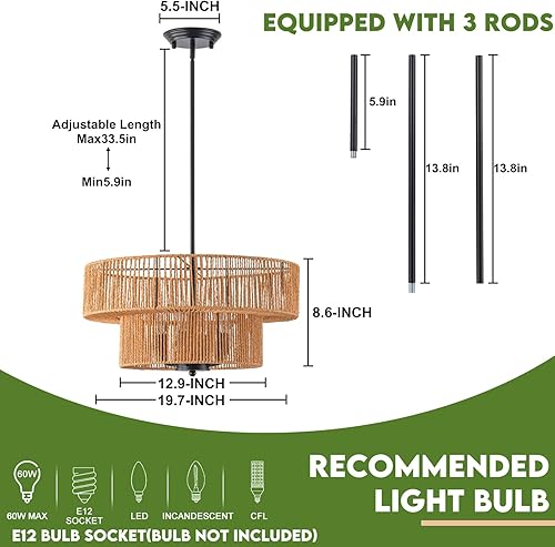 Miniatura 13 de Lámpara de ratán estilo bohemio, lámpara de techo de ratán empotrada, lámpara de techo tejida pequeña de madera, candelabro de ratán
