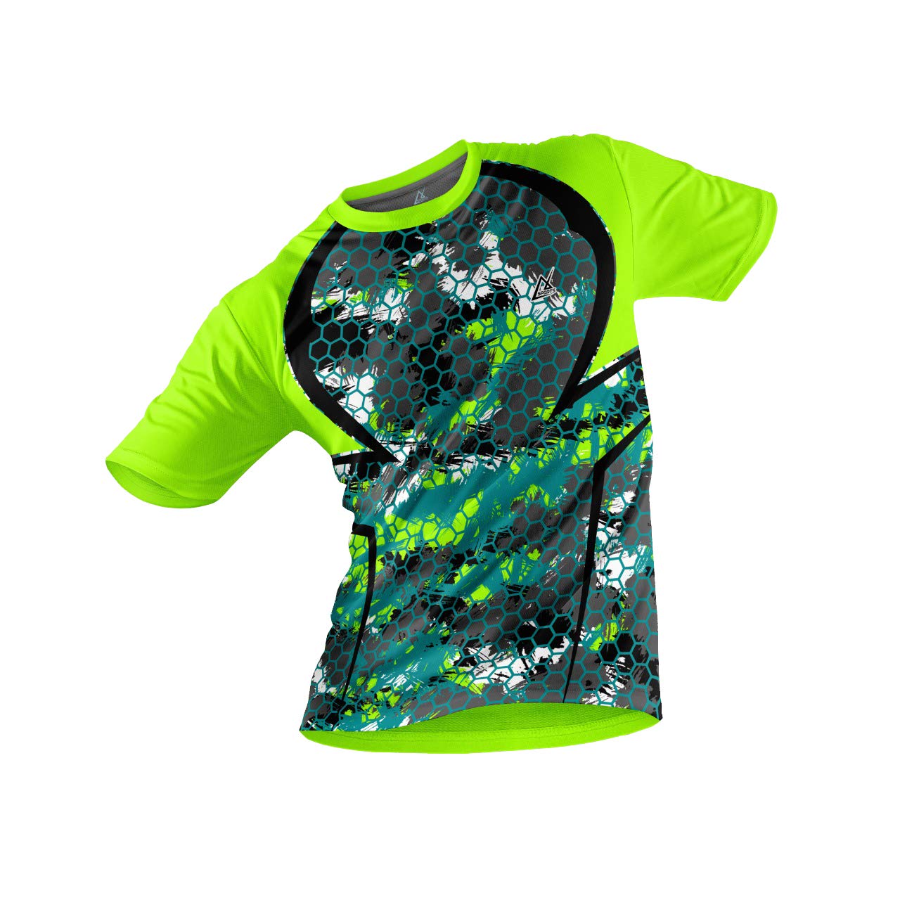 JJ TEESPolyester Half Sleeve Jersey with Round Collar and Digital Print All Over for Men (Color: Neon Green, Teal and Black)