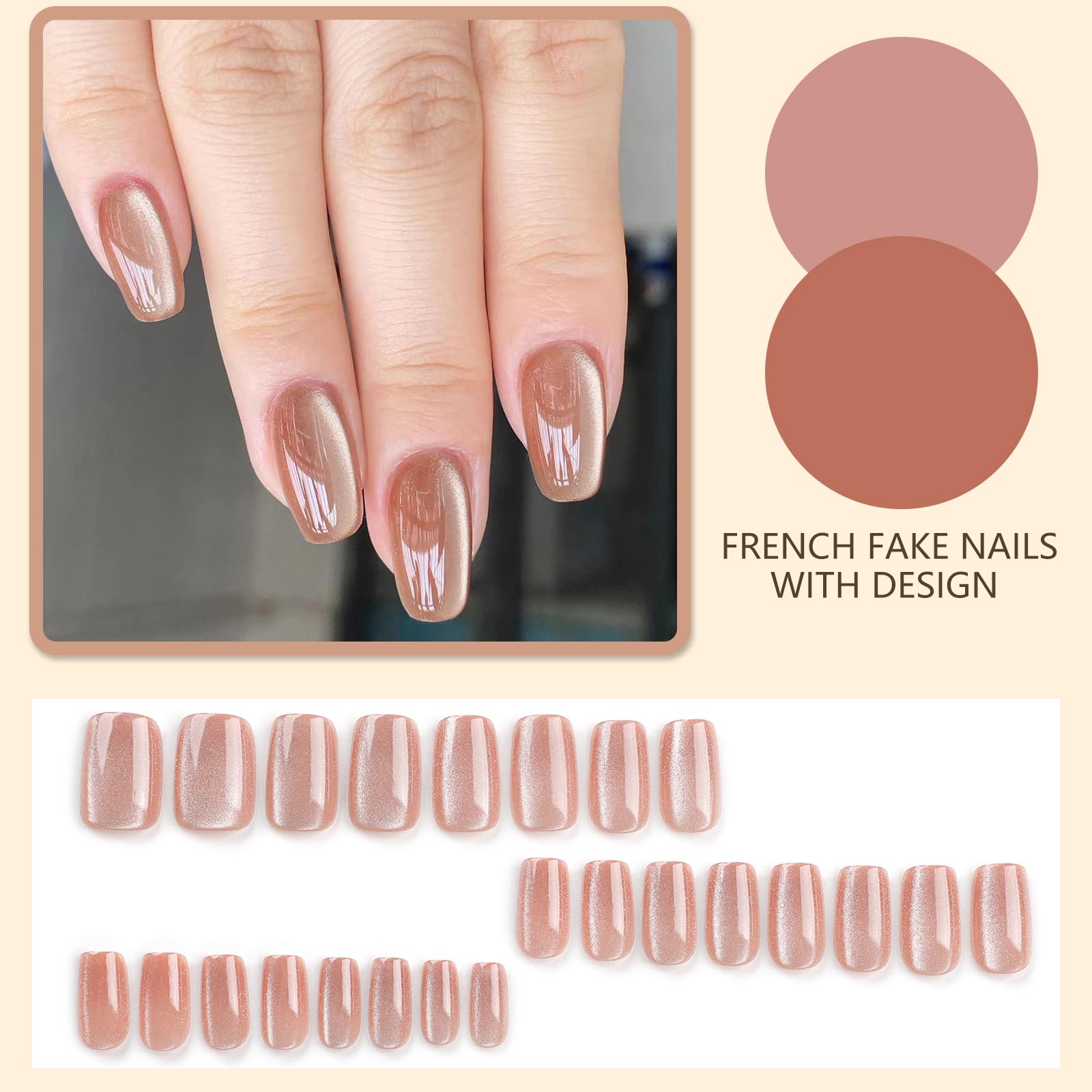 24Pcs French False Nails, Coral Cat Eye Press on Nails with Elegant Design, Short Square Fake Nails - Image 2