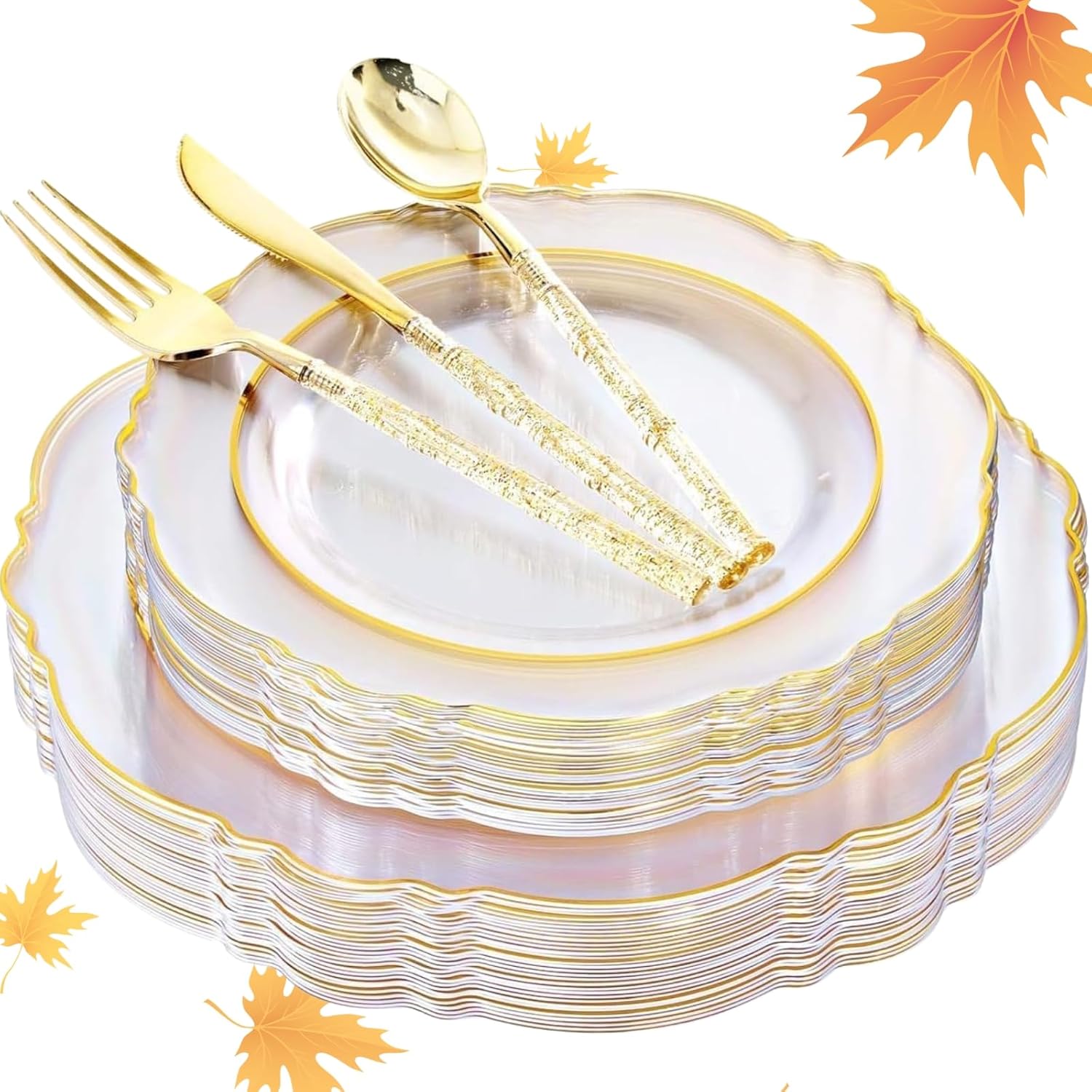 Liacere 150PCS Clear Gold Plastic Plates - Disposable Plastic Silverware with Glitter Bamboo Handle Cutlery-Baroque Clear Gold Disposable Plates for Wedding & Party & Thanksgiving &Fall Decor Gold Floral