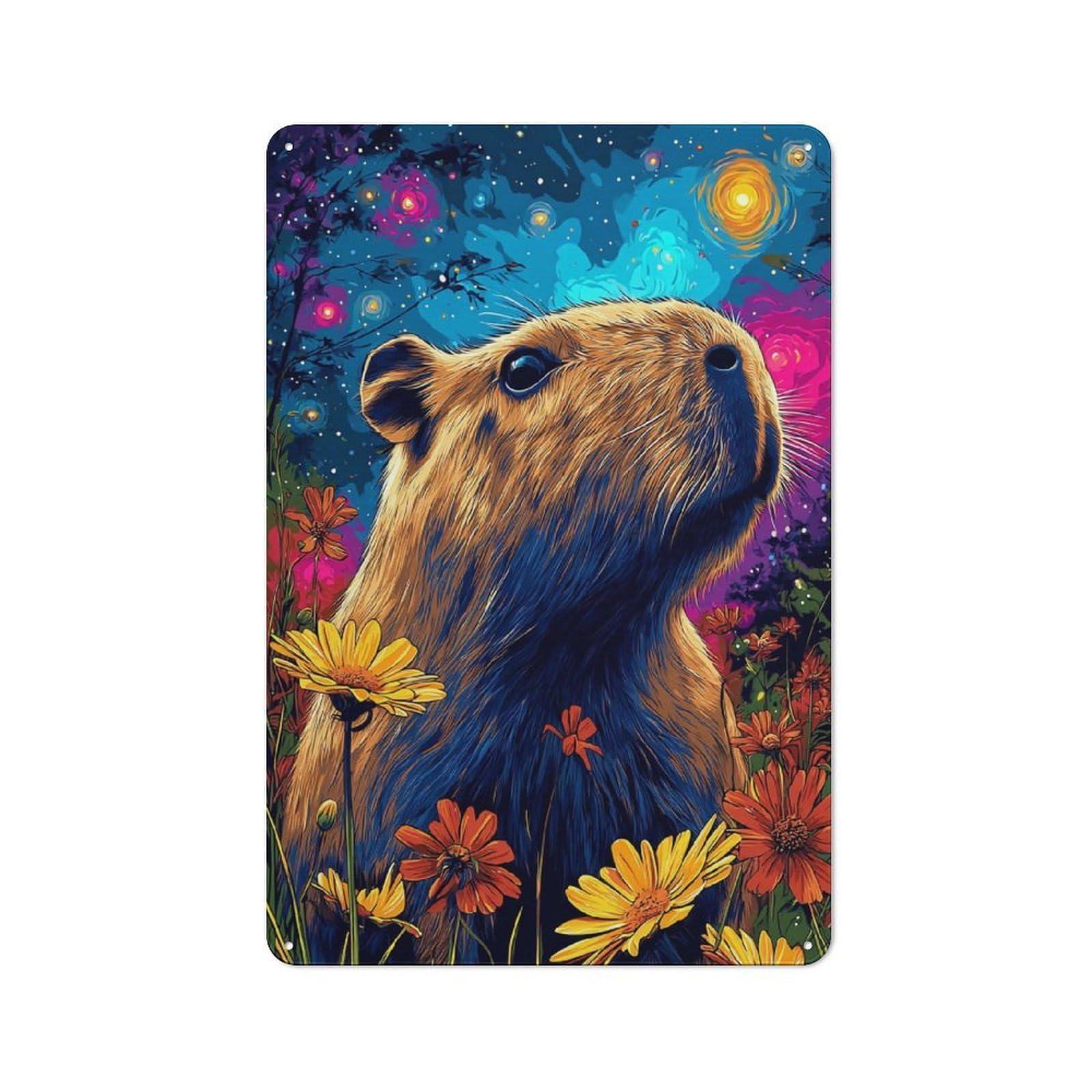 Junmoney Capybara In A Dreamy Garden Loft Style Metal Wall Decor 30X20cm, Decorative Metal Plaque For Loft, Studio, Office Or Creative Room