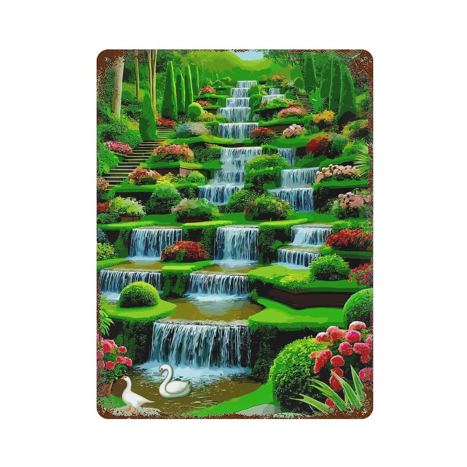 Rust Effect Cascading Waterfall Garden with Swans Weathered Tin Sign 15.7"x11.8", Novelty Wall Decor for Office, Studio And Wall Decor