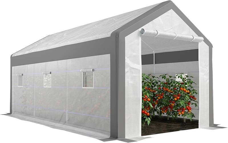 Outsunny 20' x 10' x 9' Walk-in Greenhouse with 6 Roll-up Windows White | Outdoor Garden Warm Hot House, 2 Zippered Doors, Weather Cover