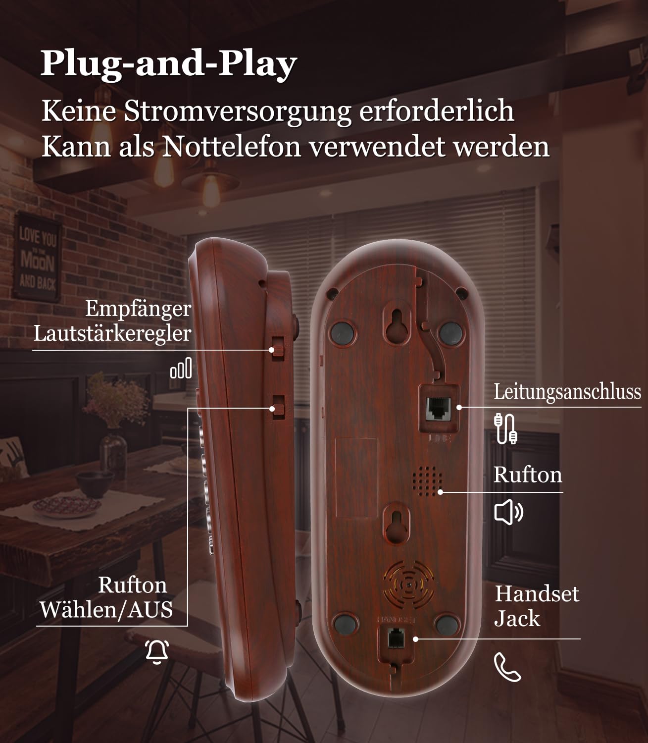 Retro Telefon Wandtelefon mit Metallklingel Vintage Schnurtelefon, Analog, Lautstärkeregler, Nostalgie Telefon, altes Telefon mit EIN-Tasten-Wahl Ideal für Zuhause, Küche, Büro, Haustelefon