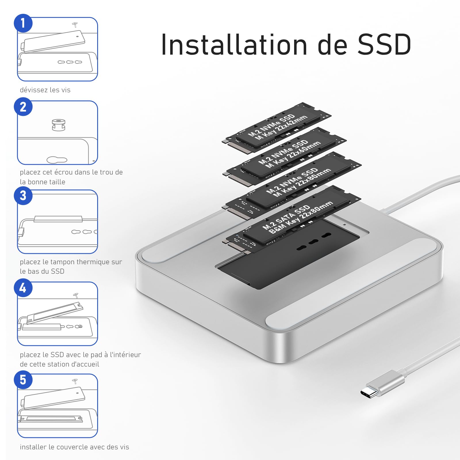 iMac USB Hub pour iMac 24 M1/M3/M4 avec boîtier SSD NVMe M.2 4TB | PULWTOP USB C HUB avec USB A/C10 Gbit/s, SD/TF, SSD M.2, USB 2.0, iMac Accessoires pour iMac 2021/2023/2024-Argent