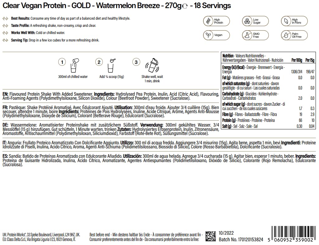 Protein Works - Protéines végétaliennes claires, boisson rafraîchissante à haute teneur en protéines, 18 shakes, pastèque, 270 g