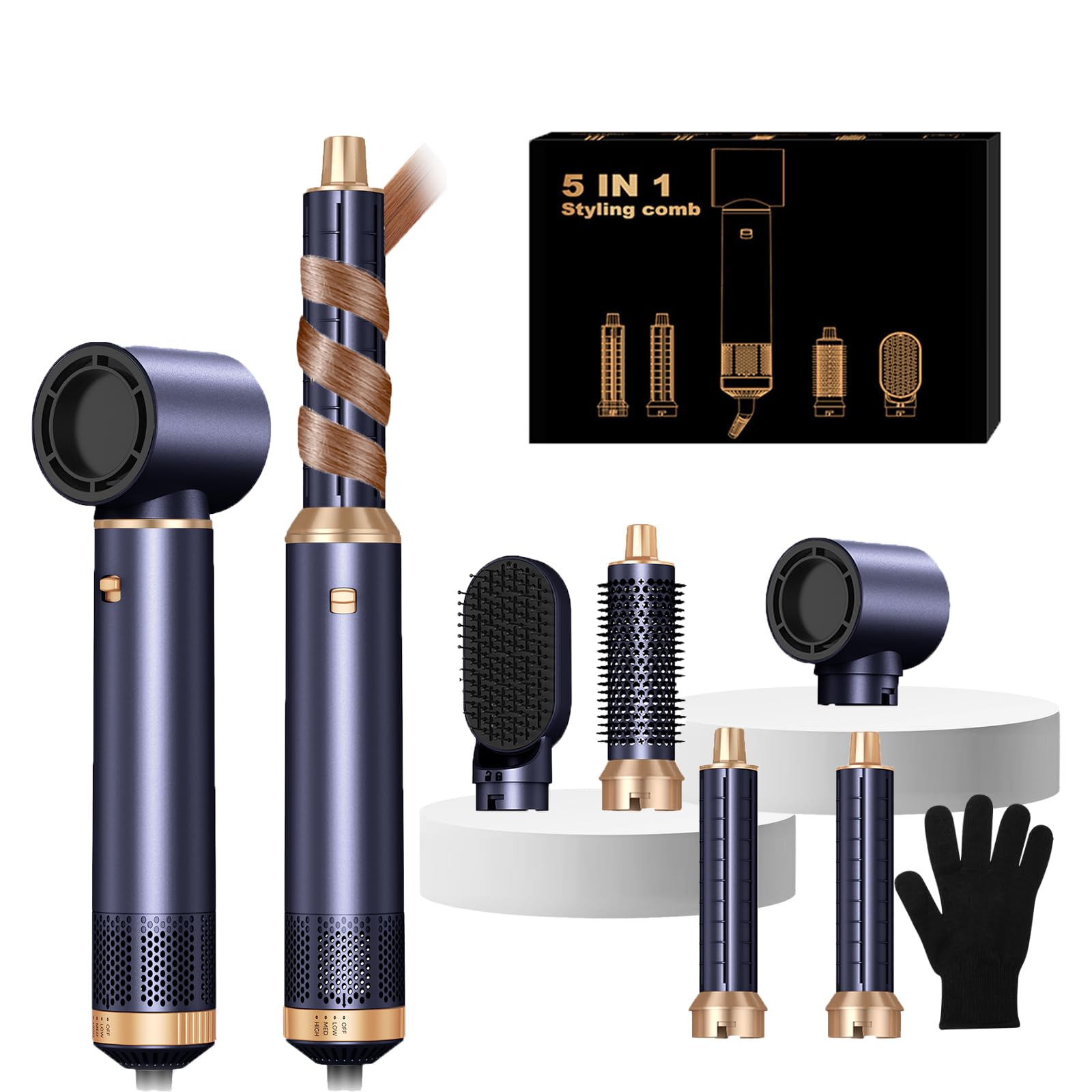 Hair Dryer Brush 5 in 1, Blow Dryer Brush Set with Air Curler Wrap Hair Styler, Negative Ionic Blow Dry Brush, Detachable Hair Tool for Curling, Volumizer,Straightener,Drying
