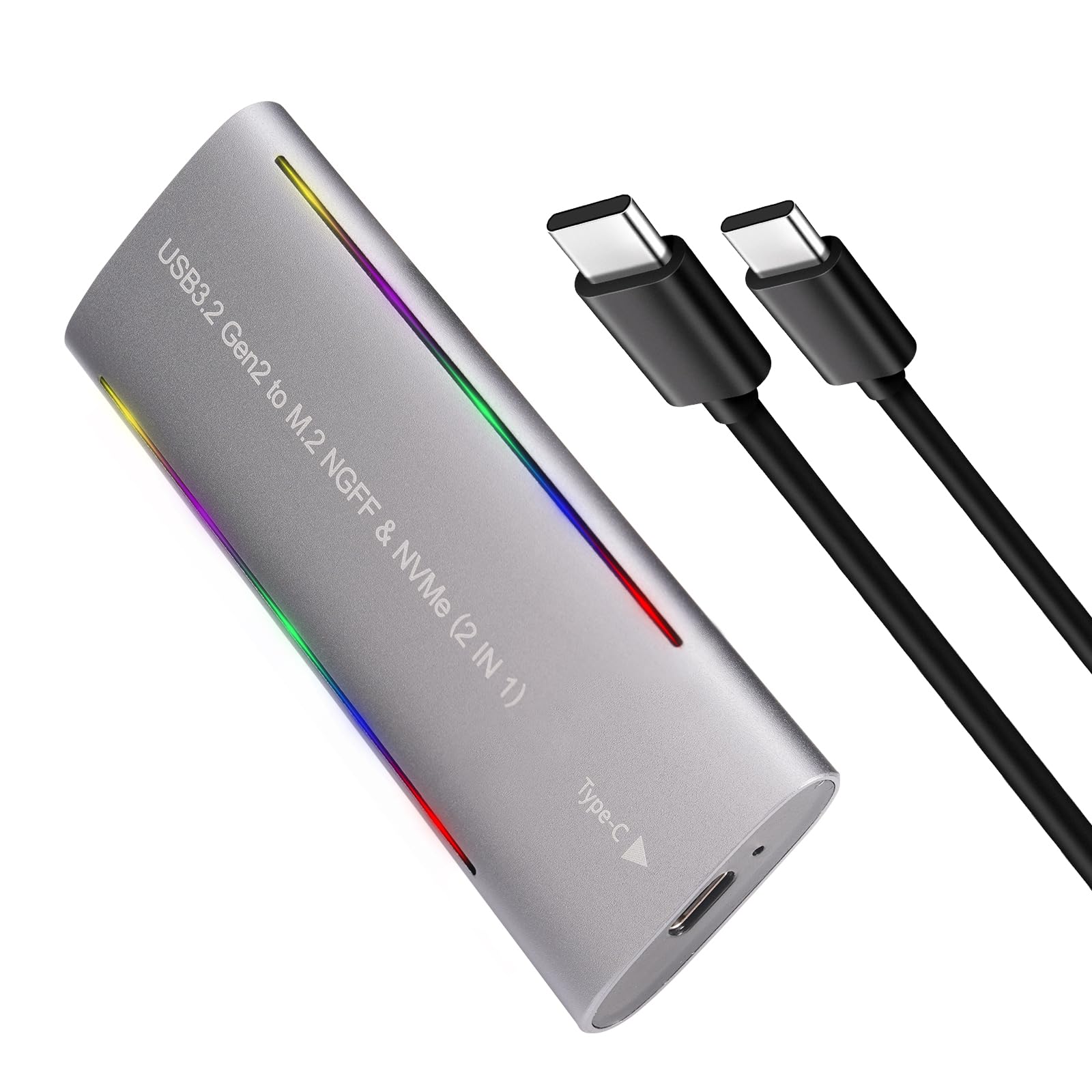 M.2 NVMe & SATA - Carcasa SSD (20 Gbps, USB-C 3.2 Gen2 x 2, carcasa de aluminio con RGB, sin herramientas, para disco duro M.2 2230/2242/2260/2280, compatible con MacBook, Windows, PS5, Phone 17)