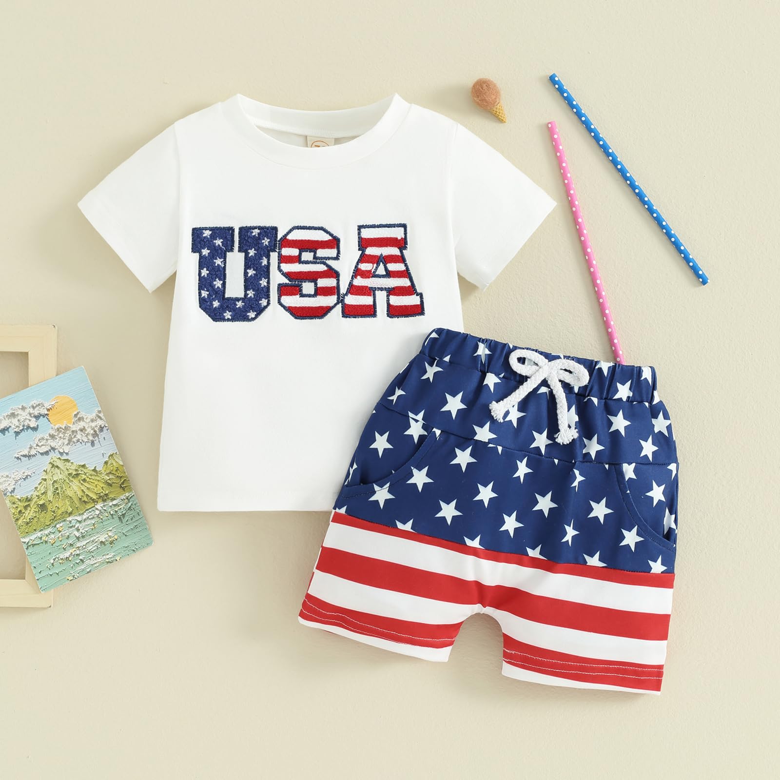 My First USA Memorial Day Baby Boy Girl 4th of July Outfit T-Shirt Top Star Shorts Infant Fourth Clothes 6-12 Months
