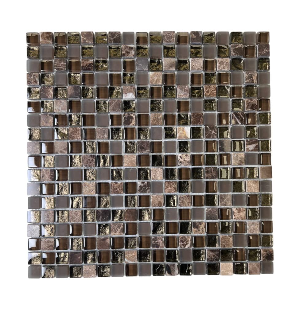 Tenedos Dark Emperador Marble & Brown Frosted Glass Square Mosaic Tile – Elegant Wall décor for Kitchen backsplashes and Bathroom Walls, 1 Sheet