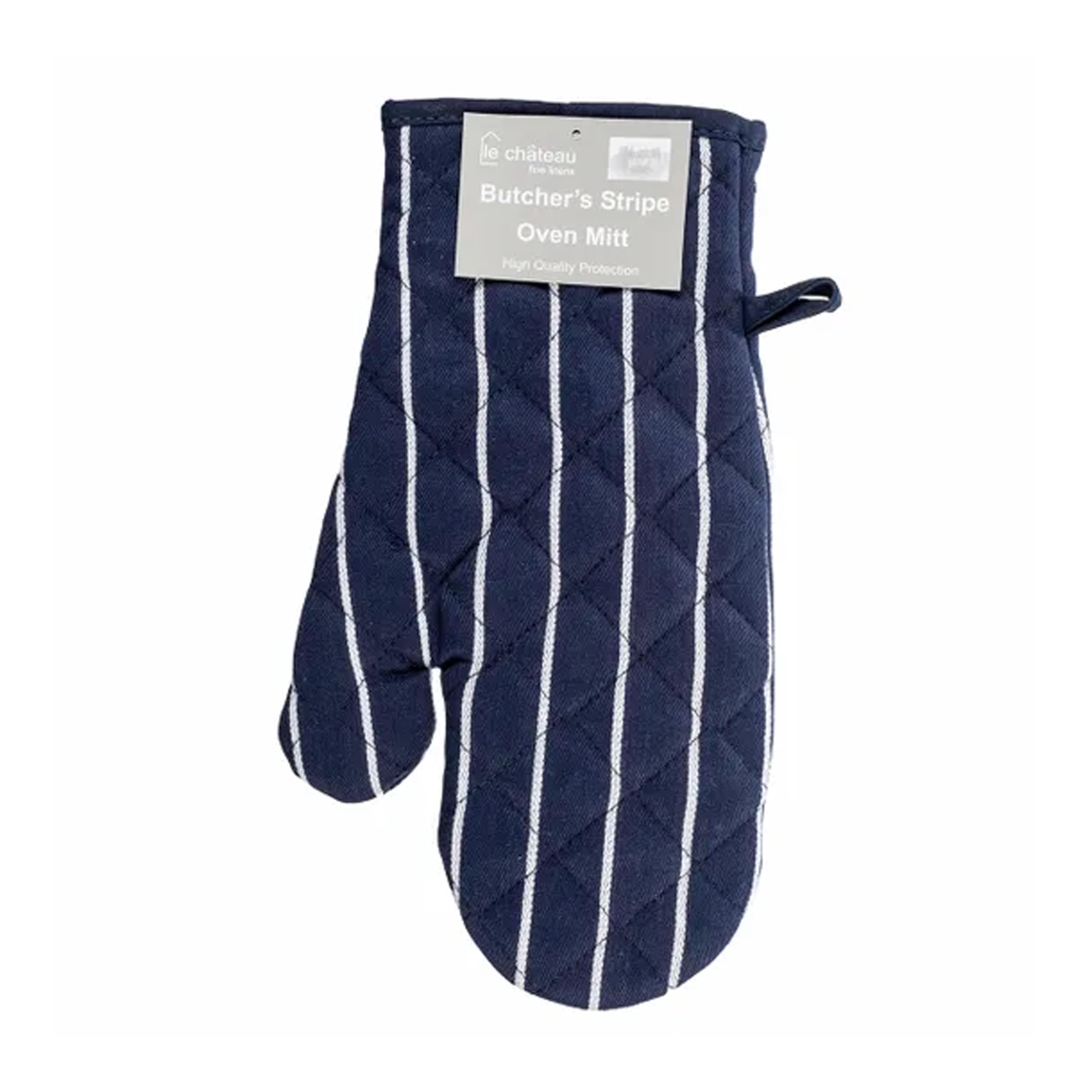 Le Chateau Butchers Stripe Single Oven Mitt - Navy & White Patterned Cotton & Polyester Gauntlet Glove Kitchen Linen