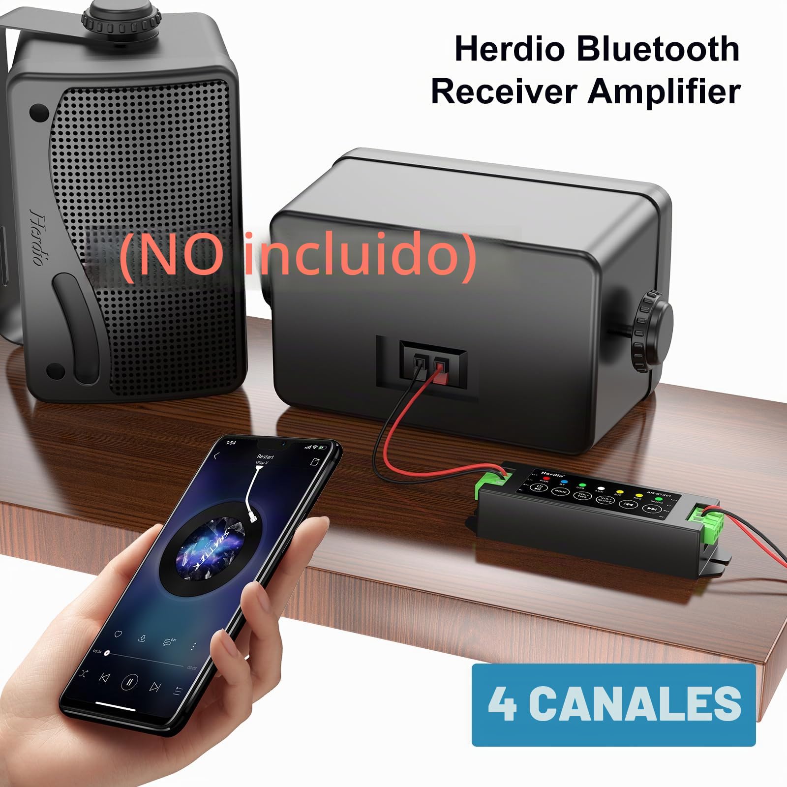 Herdio Amplificador Bluetooth 5.0 de 4 Canales,200W de Potencia con Fuente 24V 5A AC - DC, Instalación en Pared, USB/Mic/AUX/TWS (40W por Canal)