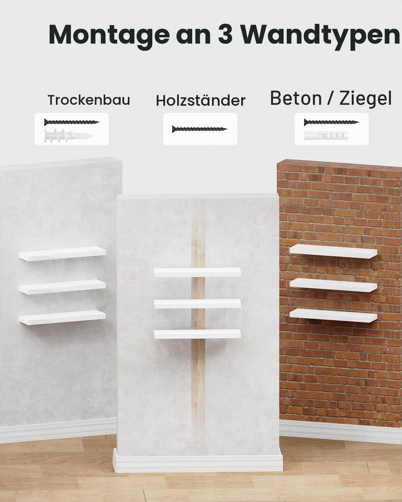 AMADA HOMEFURNISHING Schweberegal, Wandregal weiß für Badezimmer/Wohnzimmer/Schlafzimmer/Küchendekoration, Regal Wand mit unsichtbaren Halterungen, dreiteiliges Set – AMFS08