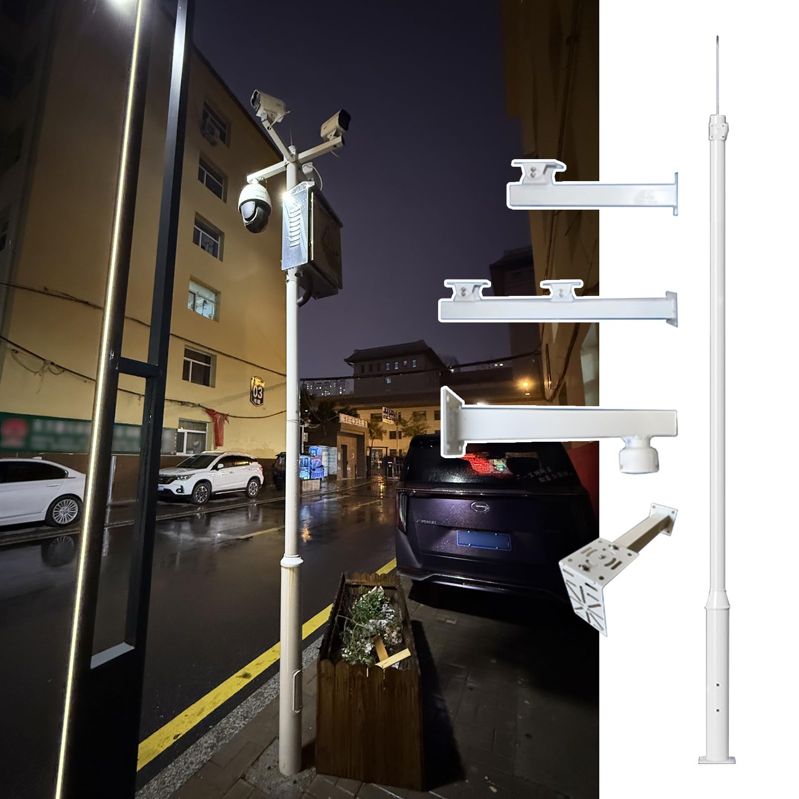 Aioneer Adjustable Universal Weatherproof Security Camera Pole Mount - 4-Arms, 8Ft/10Ft/20Ft Height, Durable Outdoor Surveillance Stand For Enhanced Security Solutions