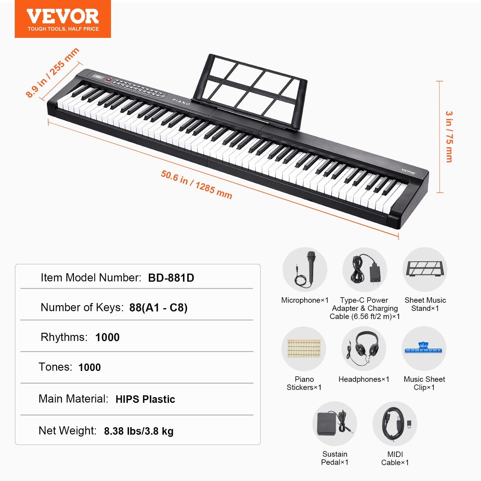 VEVOR Tastiera Pianoforte Digitale 88 Tasti Semi-pesati 1000 Suoni Bluetooth MIDI USB
