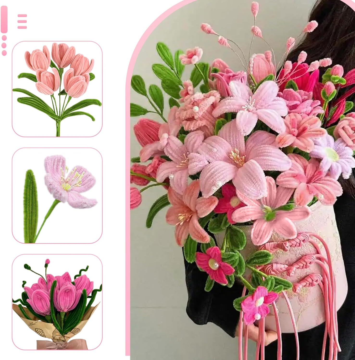 Pipe Cleaners for Crafts, 400 Pieces Pipe Cleaners Flower Set, 4 Colours Pink Green Pipe Cleaners for Crafts with Flower Wire, Flower Stamen, Flower Bag for Bouquet DIY Decor