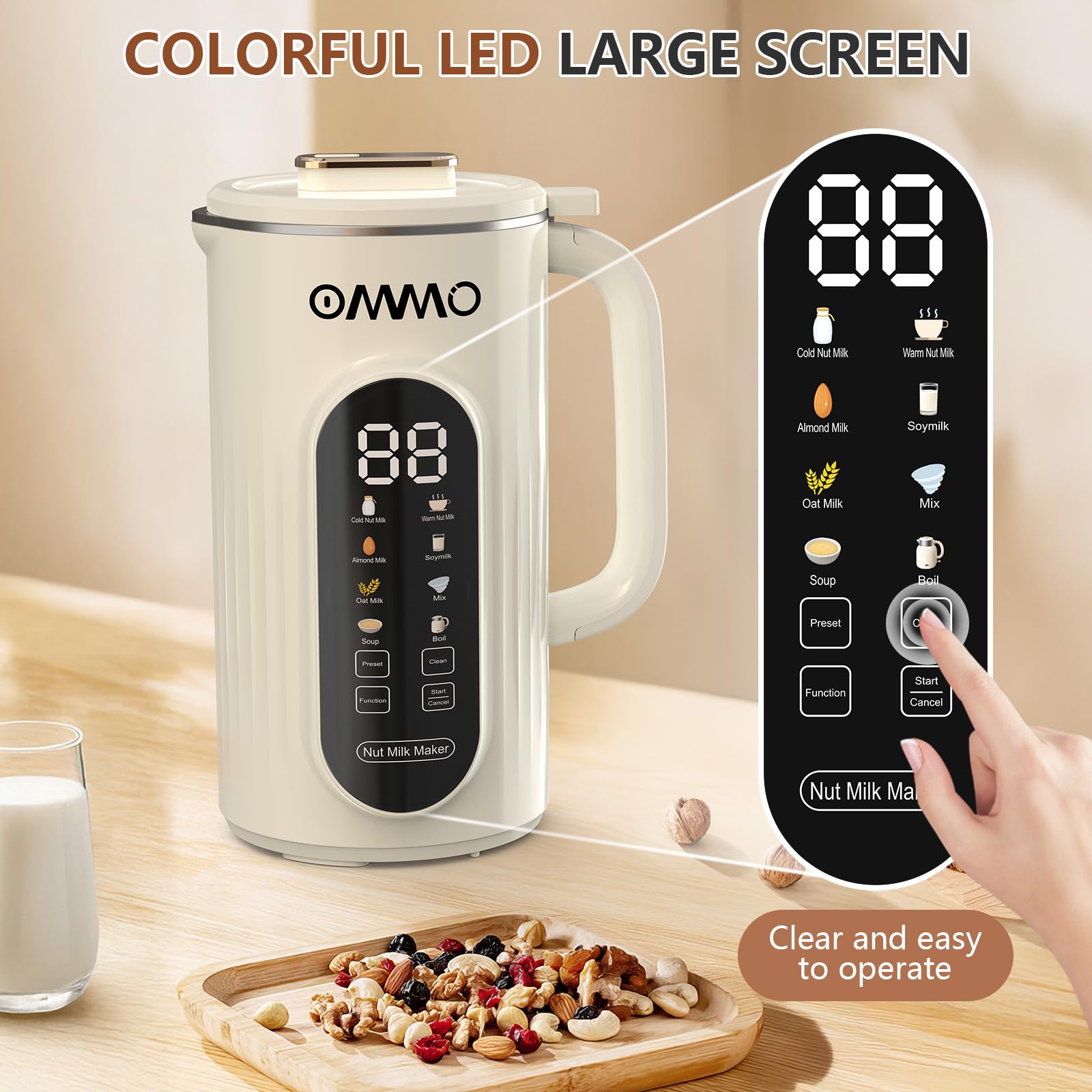 OMMO 10 in 1 Nut Milk Maker Blender, 35oz Soy Milk Maker with Large Screen/10 Blades for Hot/Cold Almond Oat Soybean Milk Maker, 12 Hours Timer/Self-Cleaning, Includes Recipe Book-Accessories