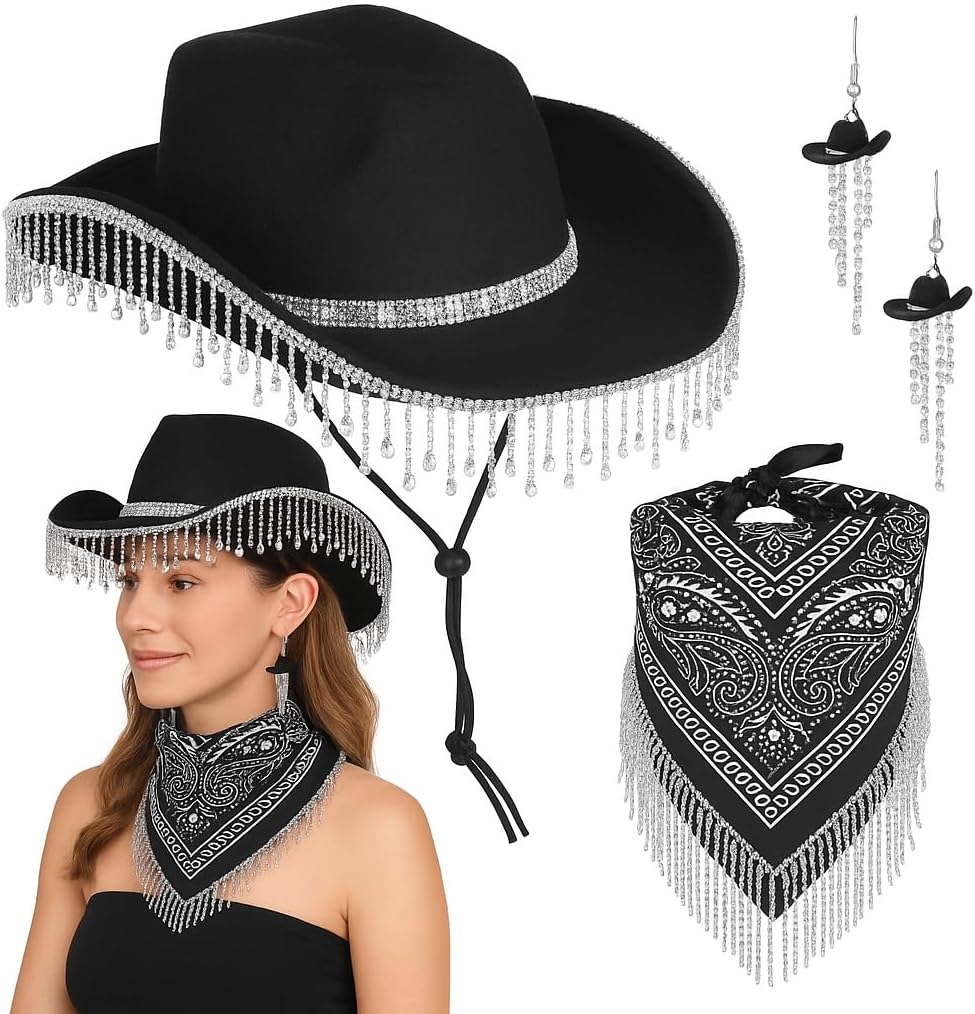 Rhinestone Cowgirl Hat Kit with Earrings＆Bandana, Classic Black Non-Woven Fabric Cowboy Hat for Women, Idea for Country Concert, Western-Themed Party, Bachelorette Party