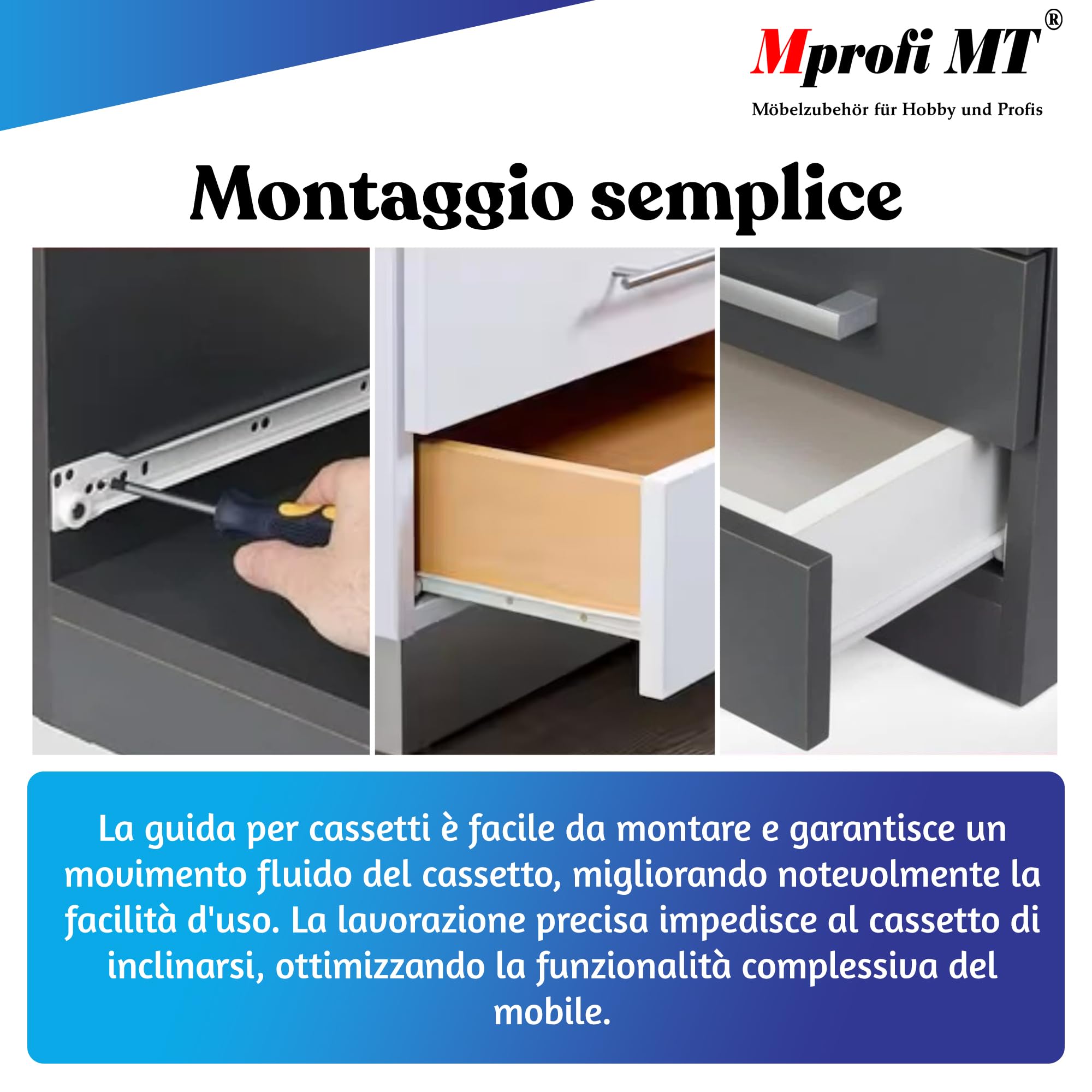 Mprofi MT® 20 Pezzi, 10 Paia | Guide per Cassetti | L:400mm | di Binari Cassetti Scorrevoli | Guide a Sfere per Cassetti | Guida per Cassetti Estrazione Parziale | Guida Telescopica per Cassetti