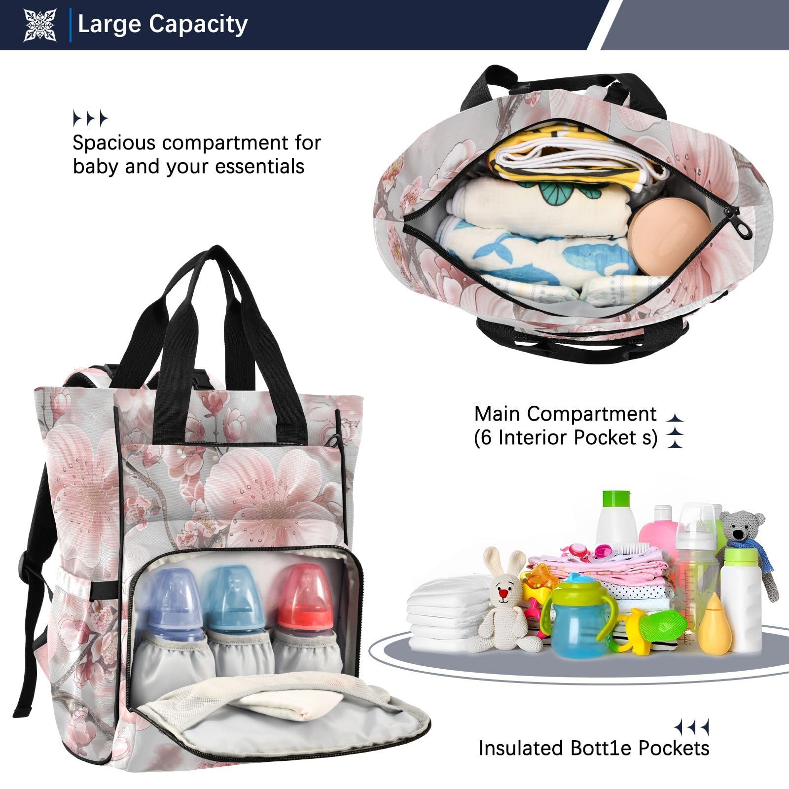 Borsa per pannolini, zaino per mamme e papà, stile bohémien, con fiori e