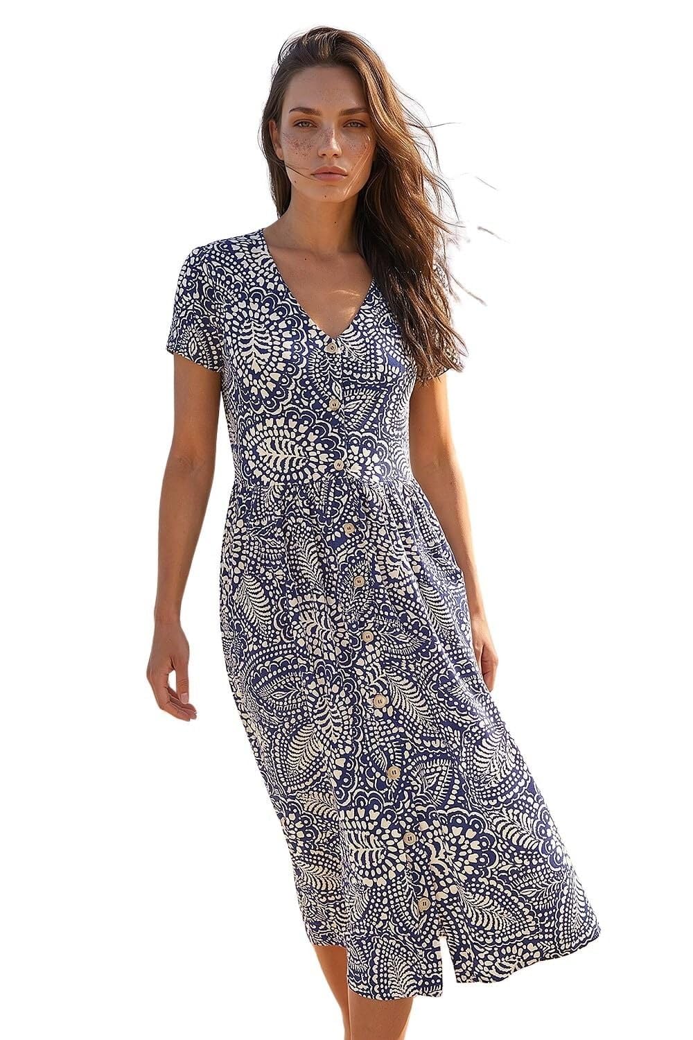 Roman Petite Women's Navy Abstract Button Pocket Stretch Dress Size 18