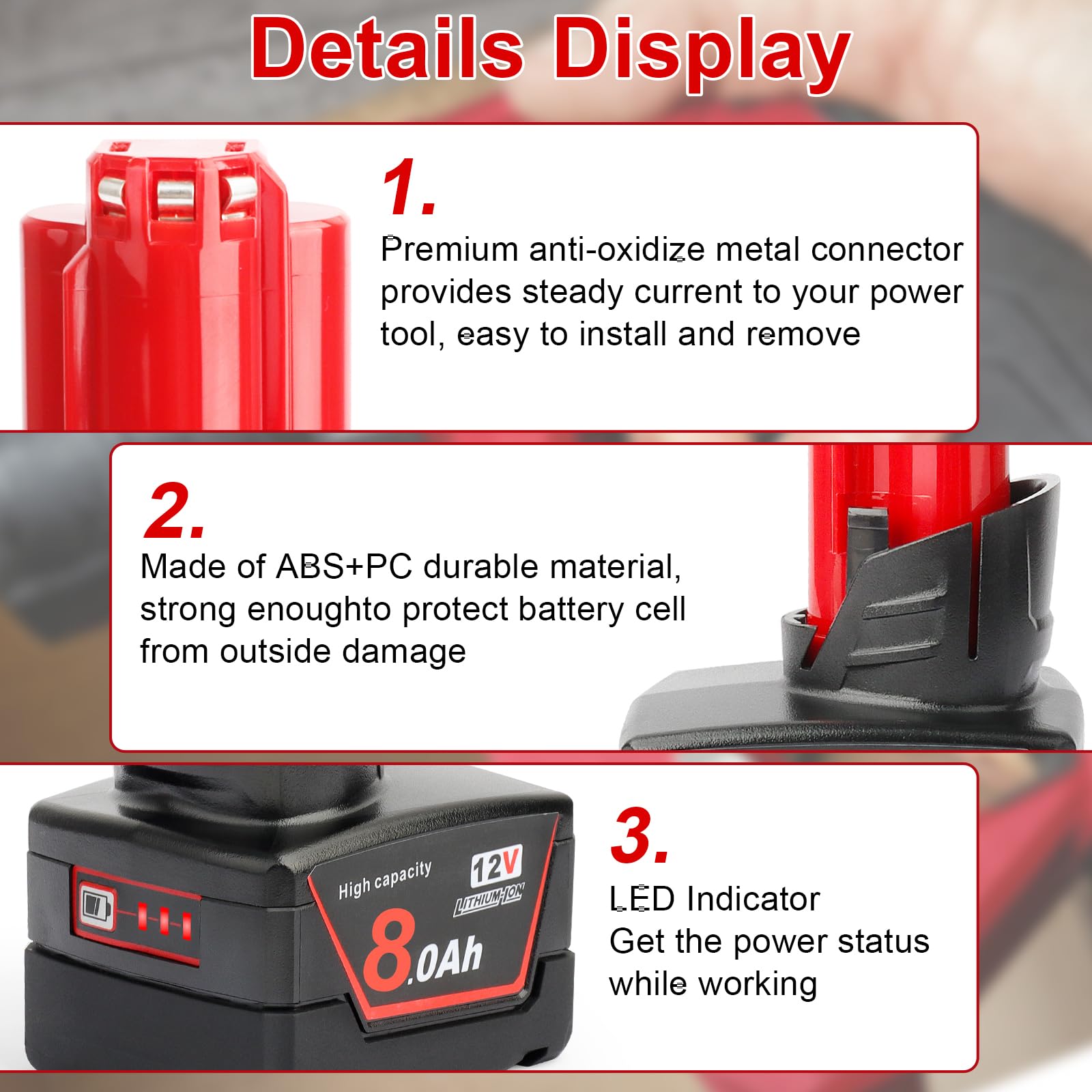Powarobor 2 Pack M12 12V 8.0Ah Li-Ion Batería de Repuesto Compatible con Herramientas Eléctricas Inalámbricas Milwaukee 12V,8000mAh Batería para 48-11-2401 48-11-2402 48-11-2411 48-11-2420 48-11-2460