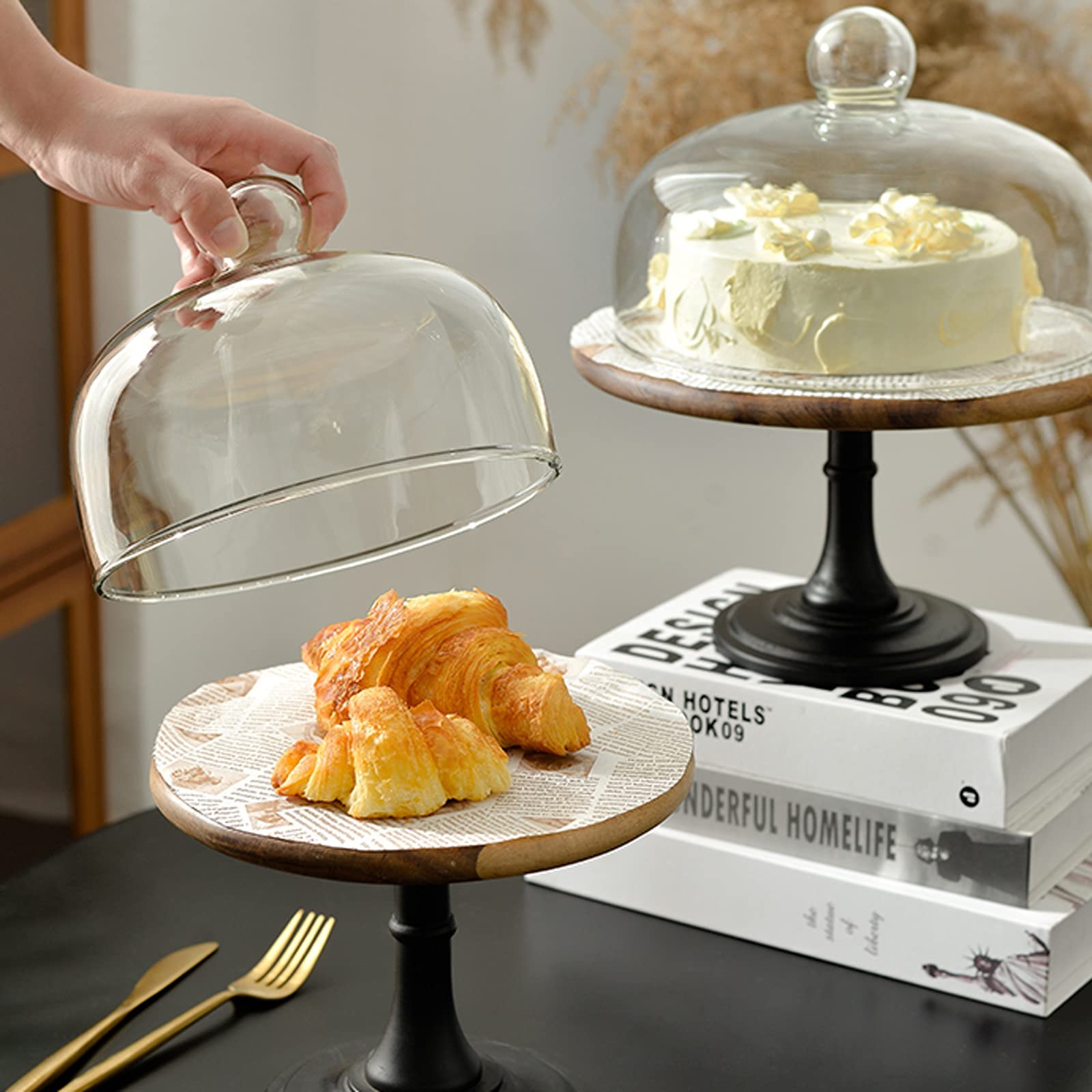 caihuashopping Patera na ciasto w stylu retro ze szklaną pokrywą, drewniana tabela deserów, wesele, imprezę, wielofunkcyjna, stojak na ciasto, stojak na tort (rozmiar: duży)