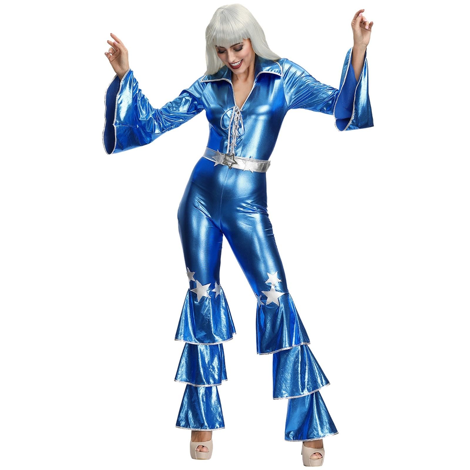 Faux Leather Blue Jumpsuit Abba Outfits for Women Three-Tiered Bell-Bottom Trousers Abba Fancy Dress Costume V-Neck 70s Fancy Dress Women Sexy Disco Outfits with Silver Star Print