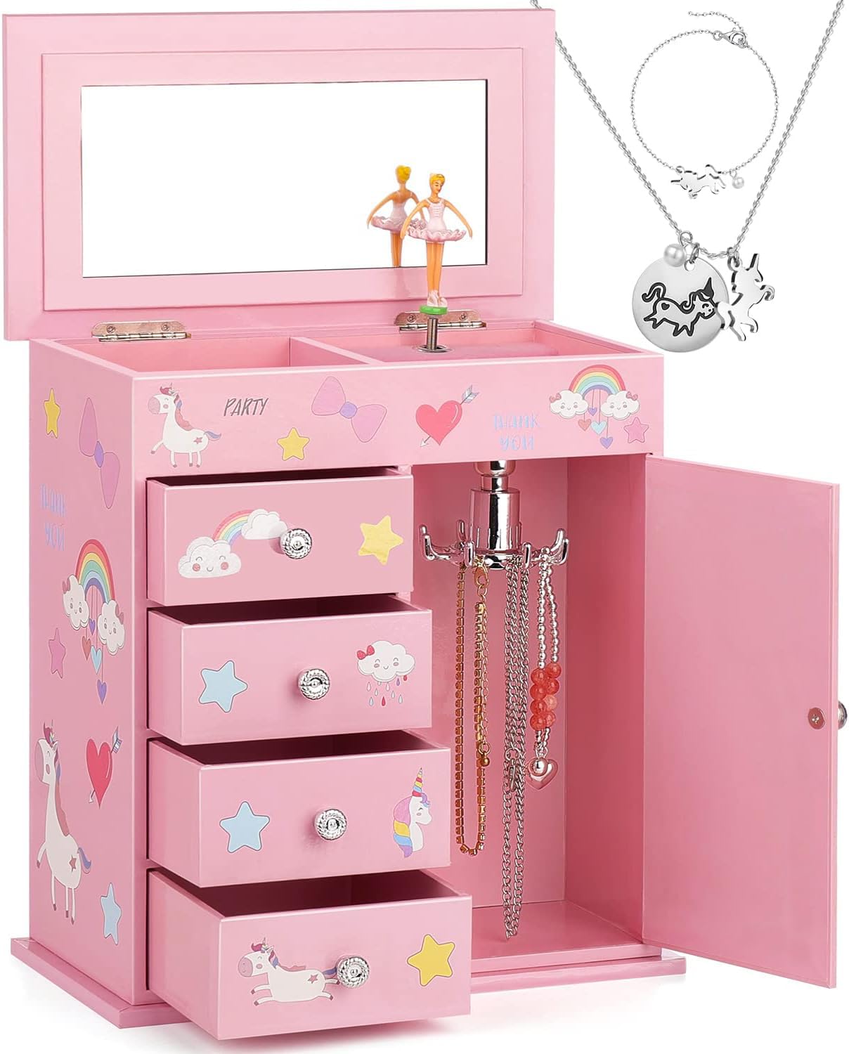 efubaby Upgrade Jewelry Box for Girls 5-Layer 9.09x5x9.84 inch with Swing Door Spinning Ballerina Unicorn&Castle Design with Unicorn Jewelry Set Kids Music Box for Birthday Christmas Gift Pink