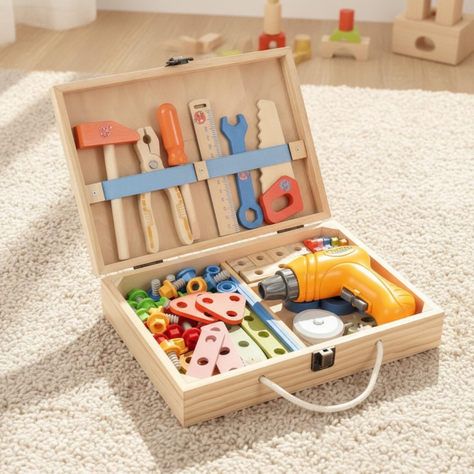 Boîte à Outils En Bois Éducatif Mallette D'outils avec Poignée Sûr Établi Portable pour Enfants