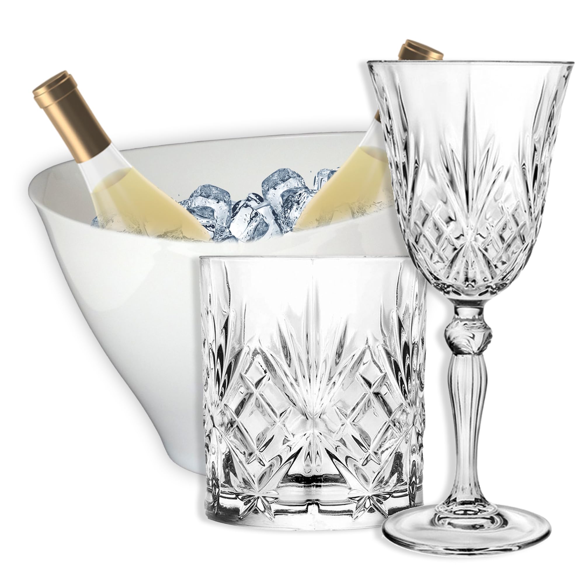 Sicignano - Juego de 6 copas de 27 cl, con 6 vasos de 34 cl, melodía para vino, agua, whisky, licores, cócteles, cristal ecológico, transparentes, resistentes, de regalo con cubo de champán blanco y 2