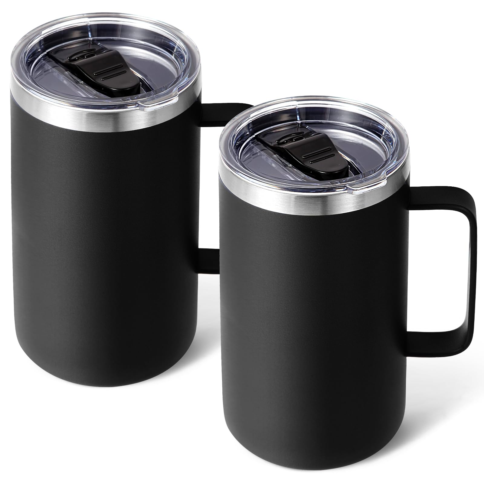 Volhoply 650ml (22oz) Insulated Coffee Mug with Lid and Straw, Stainless Steel Travel Mugs with Handle, Double Wall Vacuum Coffee Tumbler for Hot and Cold Drinks (Black,2 Pack)