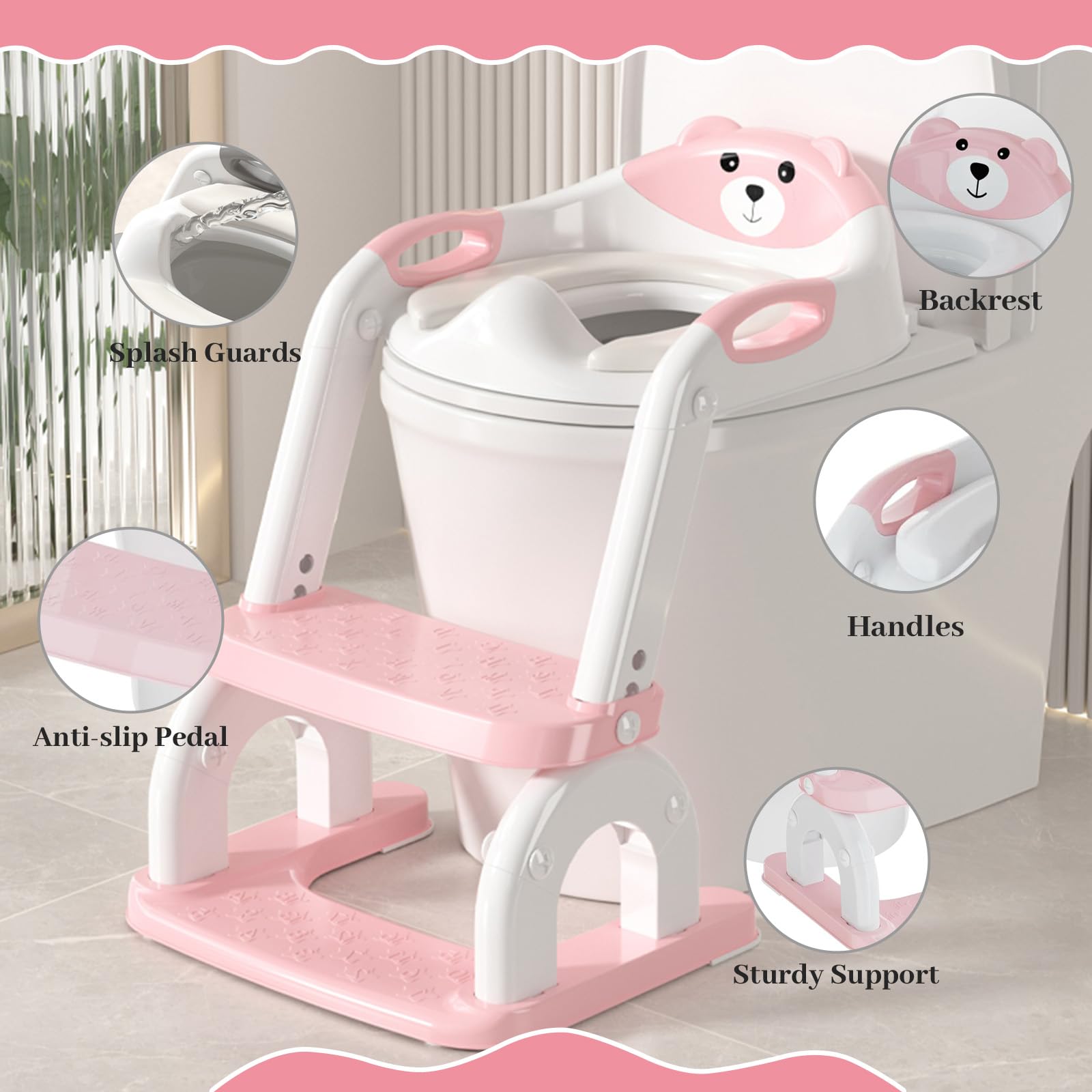 2-in-1 Toilettensitz mit Treppe, 8-fach verstellbar & klappbar | WC-Aufsatz mit Spritzschutz & rutschfest für Kinder ab 1–6 Jahre – passend für gängige Toiletten