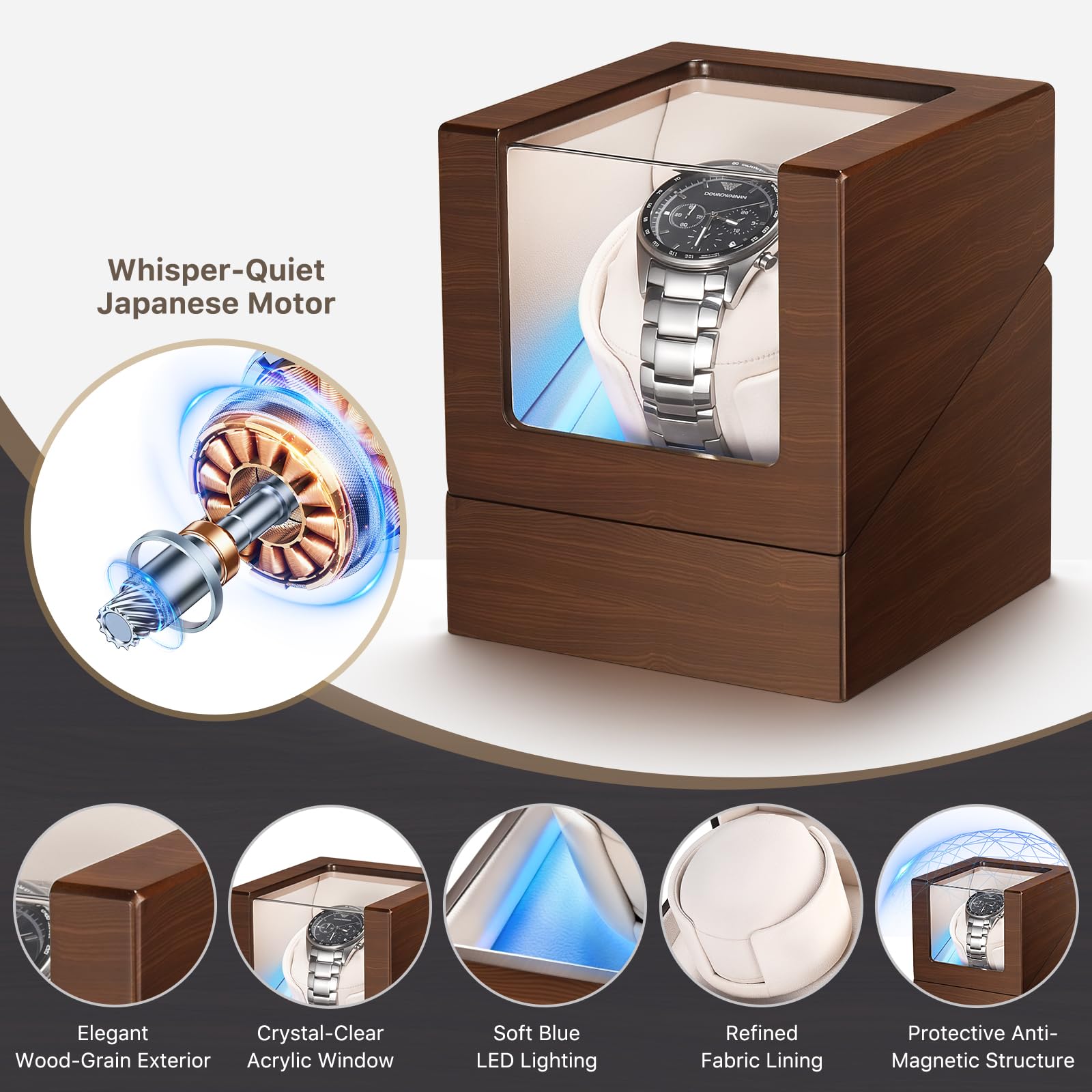 Uhrenbeweger für Automatikuhren, Ultra leiser japanischer Motor (<5db), Holz Selbstaufzug Uhrengehäuse mit blauem Umgebungslicht, Geschenk für Männer Frauen Papa