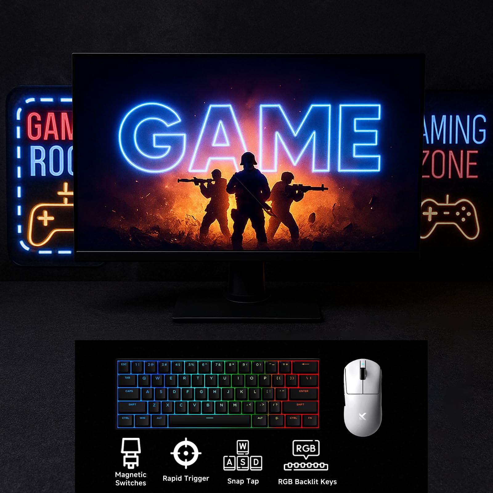 FOXMM x MCHOSE Ace60 HE Tastiera Gaming 60% RGB Cablata, Rapid Trigger 8000Hz, Interruttore Magnetico con Effetto Hall Ice Blue, Corsa Regolabile Ultra Precisione 0,005 mm, per Giochi FPS, Nero