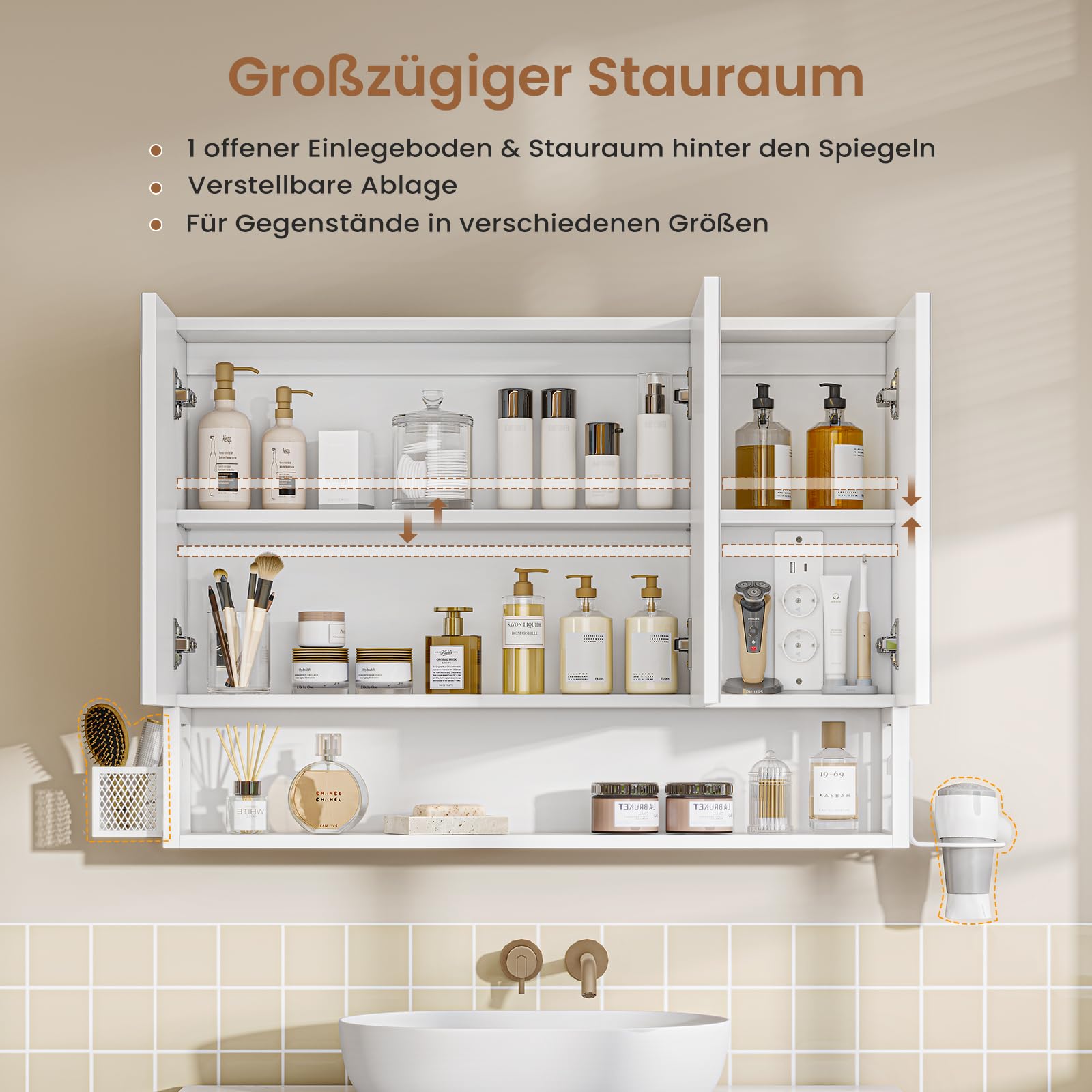Badezimmer Spiegelschrank mit LED-Beleuchtung & Steckdose, Badezimmerschrank mit 3 Türen & Verstellbarer Ablage, Spiegelschrank Bad mit HD-Spiegel, Berührung Sensorschalter, 80×16×60 CM, Weiß