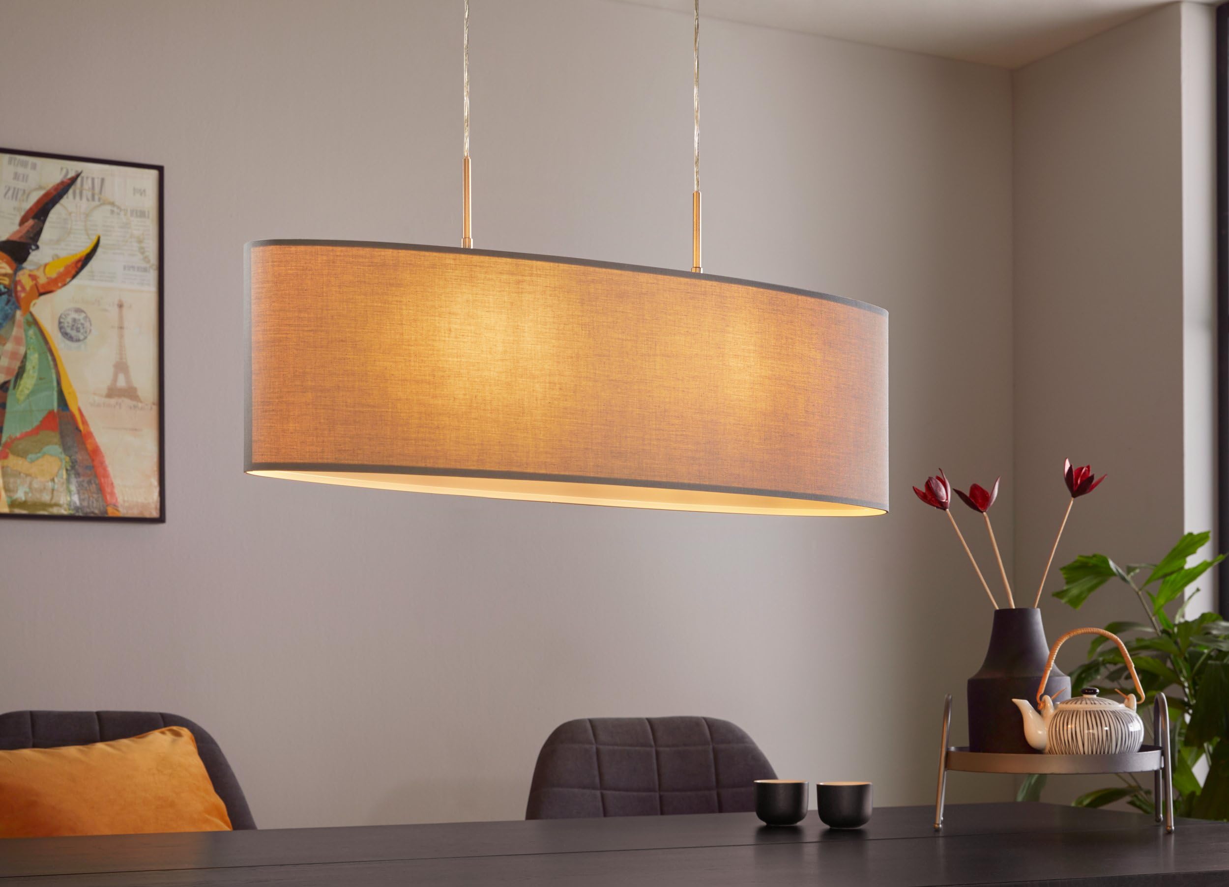 EGLO hanglamp PASTERI, 2 lichtbronnen textiel pendelarmatuur, ovalen hanglamp van staal en stof, kleur: nikkel mat, grijs, fitting: E27, L: 75 cm
