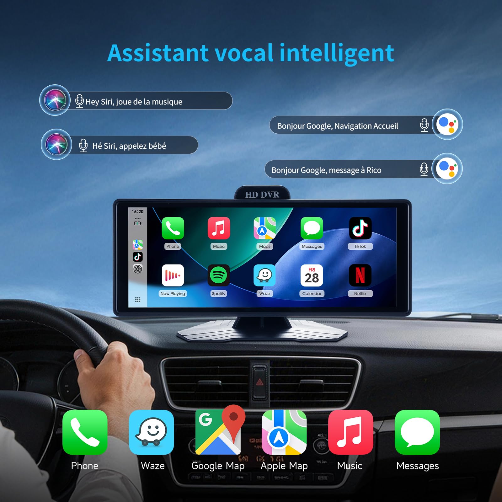 Haudio Écran CarPlay 10,26 Pouces, CarPlay et Android Auto Sans Fil, Autoradio Portable avec DVR 2K, Caméra de Recul 1080P,Bluetooth,Commande Vocale,Radio AUX/FM, Carte TF 64G pour Toutes les Voitures