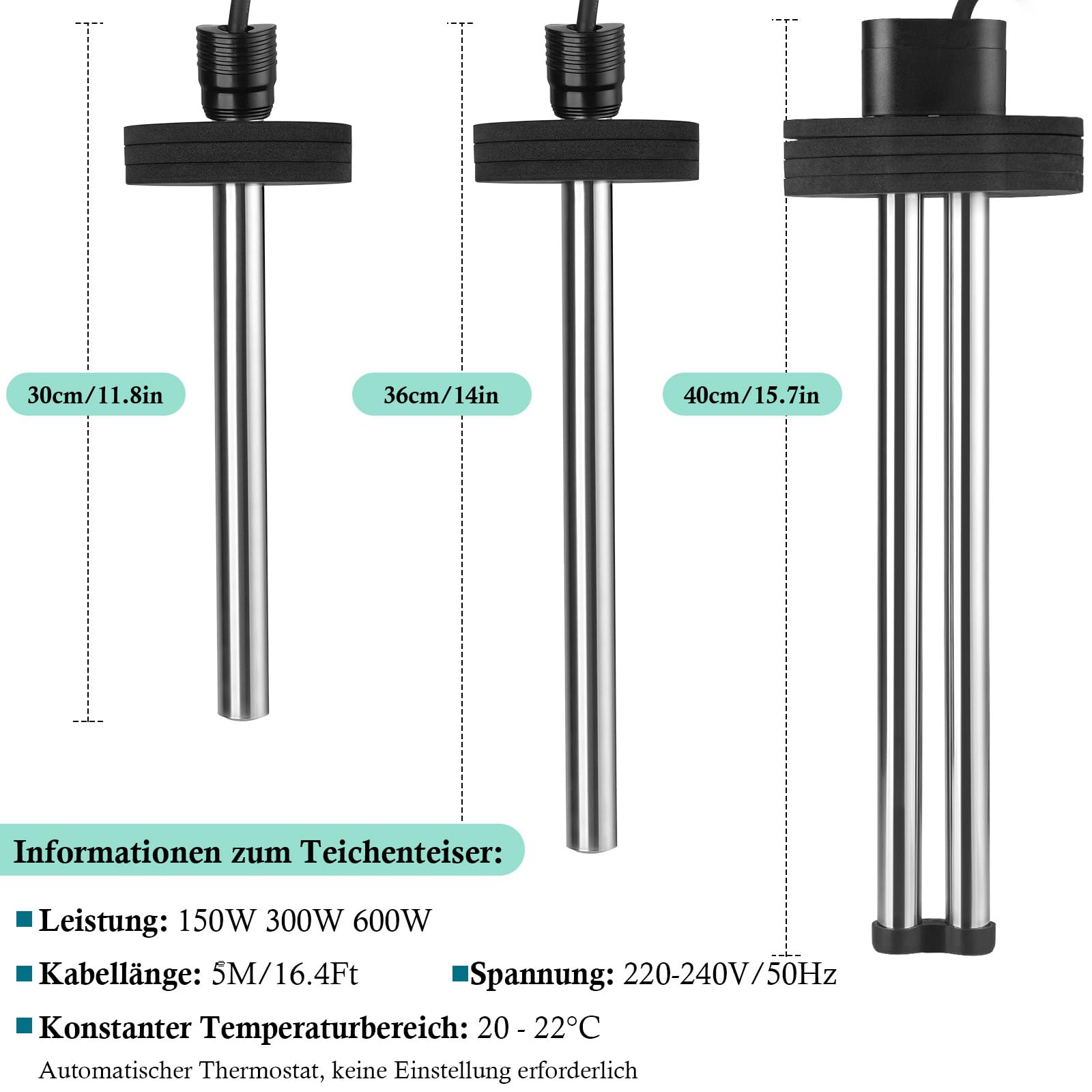 FEDOUR Teichheizung 150W - Eisfreihalter für Teiche, Koi-Teich, Gartenteichenteiser mit 5m Langem Kabel und Schwimmendem Schaumstoff