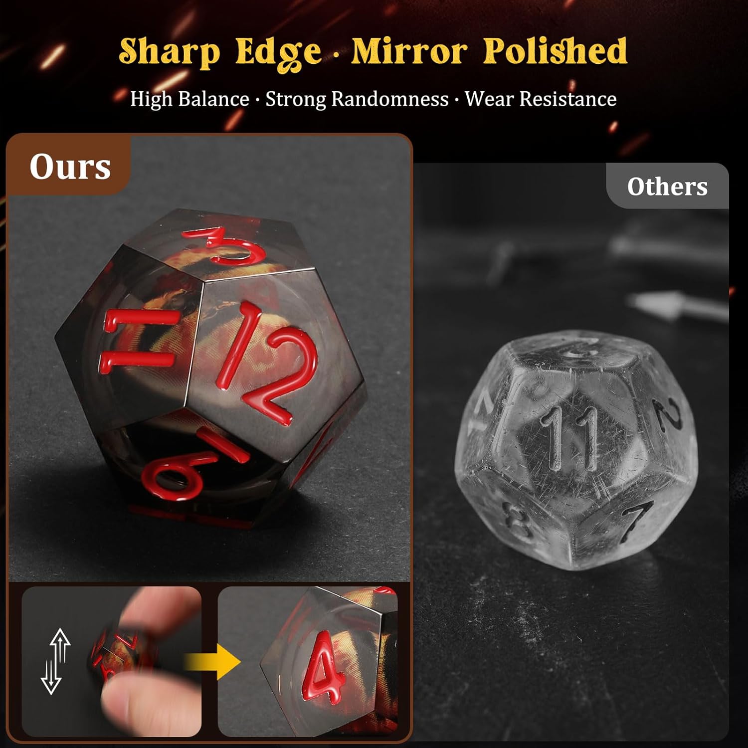 MoKo Liquid Core DND Dice Set 7PCS, Sharp Edge Resin Polyhedral D&D Dice with Gift Box, Compatible with Dungeons and Dragons RPG Role Playing Games, D20 D12 D10 D8 D6 D4 D% (Black + Red)