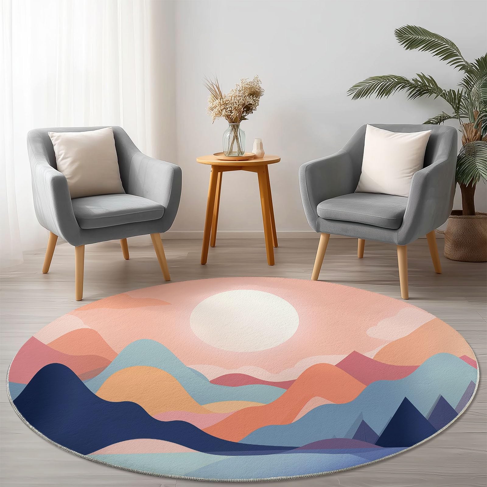 Alfombra Redonda 120 cm, Estampada Simple Paisaje Natural Abstracto, Durazno Suave esponjosa de Pelo Corto con Respaldo Antideslizante, Alfombra Lavable para Sala de Estar Cocina Dormitorio