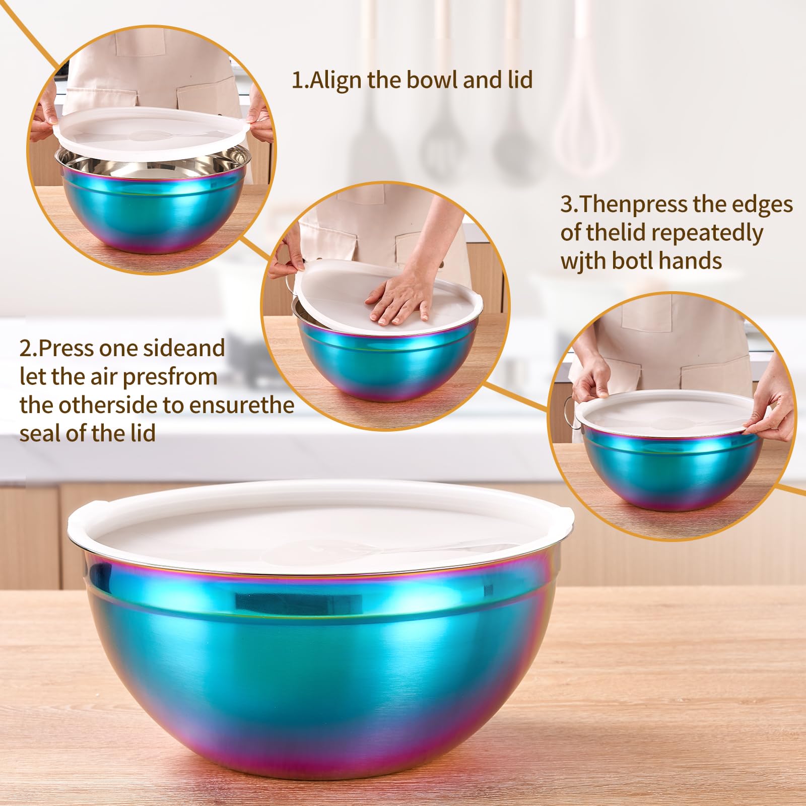 Regenbogen-Rührschüsseln mit luftdichten Deckeln, Edelstahlschüssel, Salatschüsseln, 7-teilig, bunte Schüsseln, Regenbogen-Küchenzubehör, Größe 7, 3,6, 2,7, 2,1, 1,5, 1,1, 0,8 l,