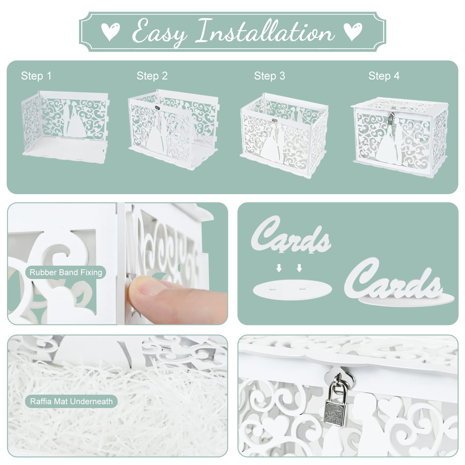 Ulikey Scatola Carte di Nozze, Porta Buste Matrimonio Legno, per Soldi con Serratura, Contenitore con Palloncini e Rafia, Decorazione (Stile 2)