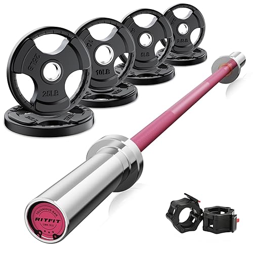 RitFit Barbell Weight Set - 4/6FT Olympic Barbell with Weight Plates (55-275LB Total) - Weightlifting Equipment for Squats, Curls, Deadlifts, Presses, Hip Thrusts - Pink - 4FT Bar with 85LB Plates (105LB Total)